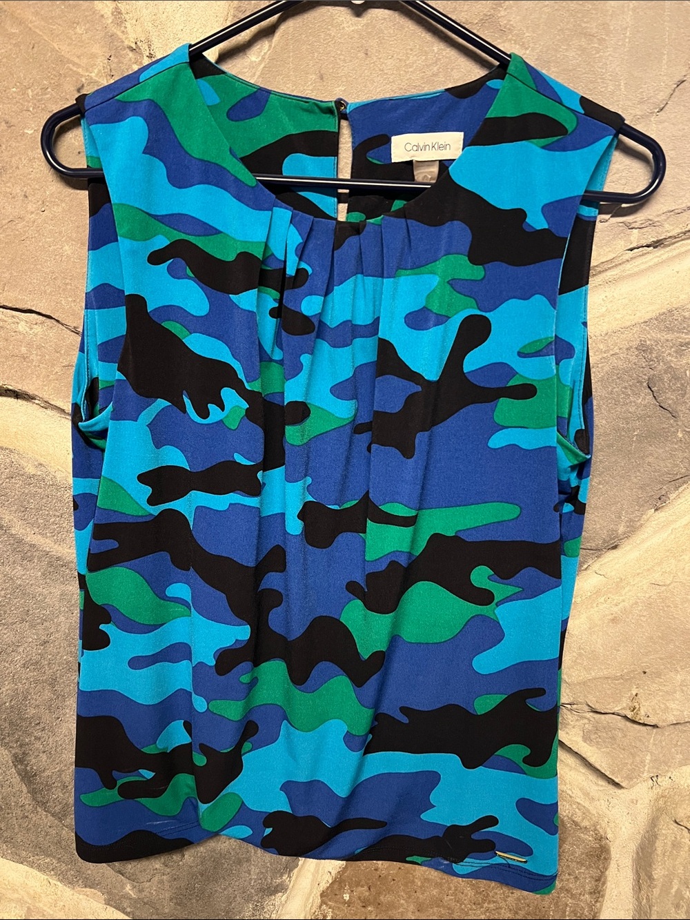 Calvin Klein Blue, Teal & Black Camouflage Sleeveless Top